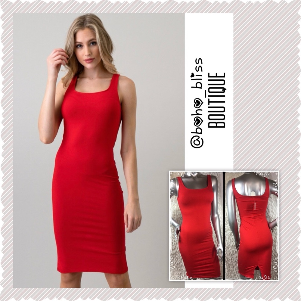 Red Sleeveless Stretch Scoop Neck Midi Dress NWT